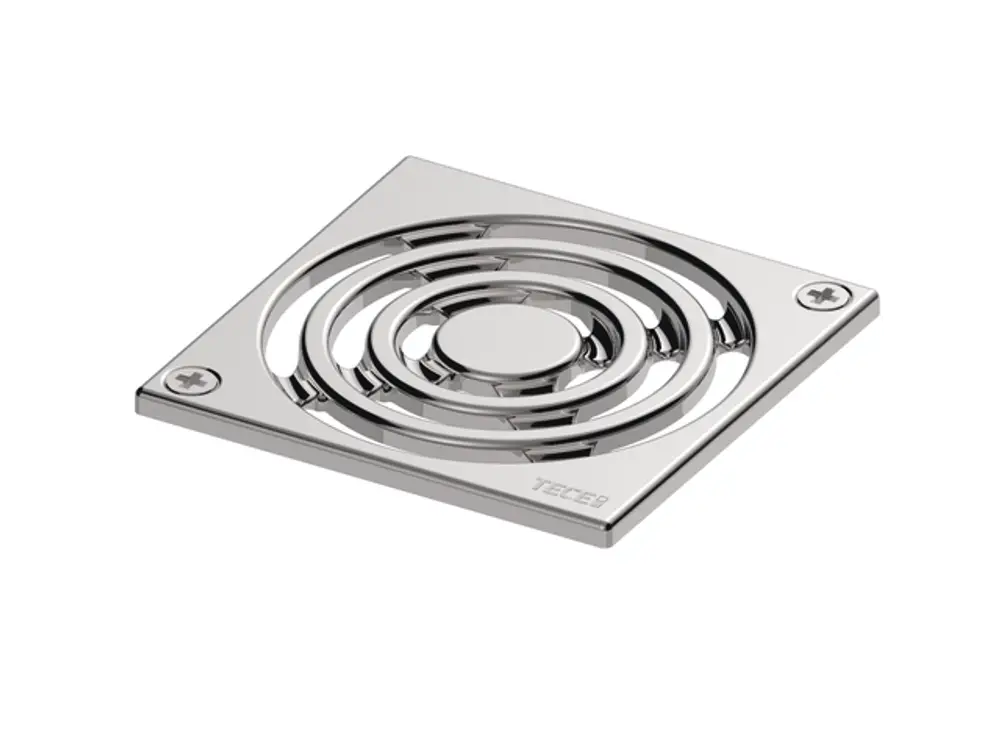 Edelstahl-Designrost mit kreisförmigem Muster, montierbar mit Schrauben, hergestellt von TECE. Geeignet für Abfluss- oder Drainagesysteme.